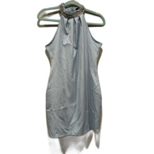 CBR Dress Satin Sequin Summer Party Light Blue Silver Sleeveless Women sz Medium